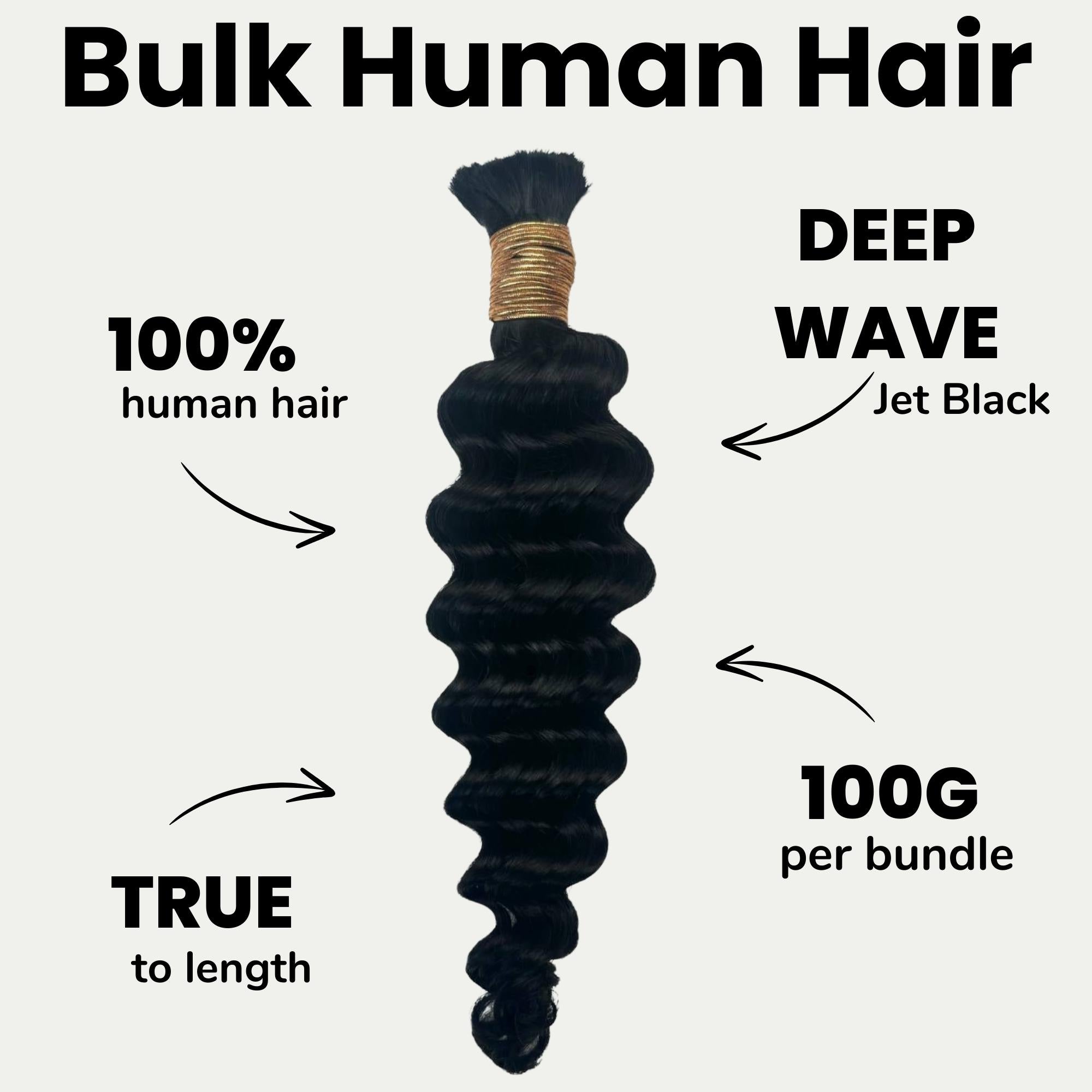 ジェットブラック ディープウェーブ バルク 100%人毛編み込み用髪